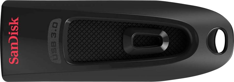 SanDisk USB-stick in zwart met rood logo en USB 3.0 markering.
