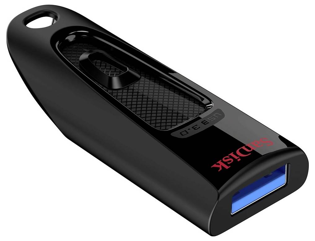 Een zwarte USB-stick met blauwe aansluiting van SanDisk. Model 'USB 3.0'.