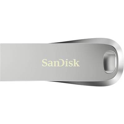 Een zilveren USB-stick van SanDisk met een slank, modern design en afgerond uiteinde. Merknaam zichtbaar in het midden.
