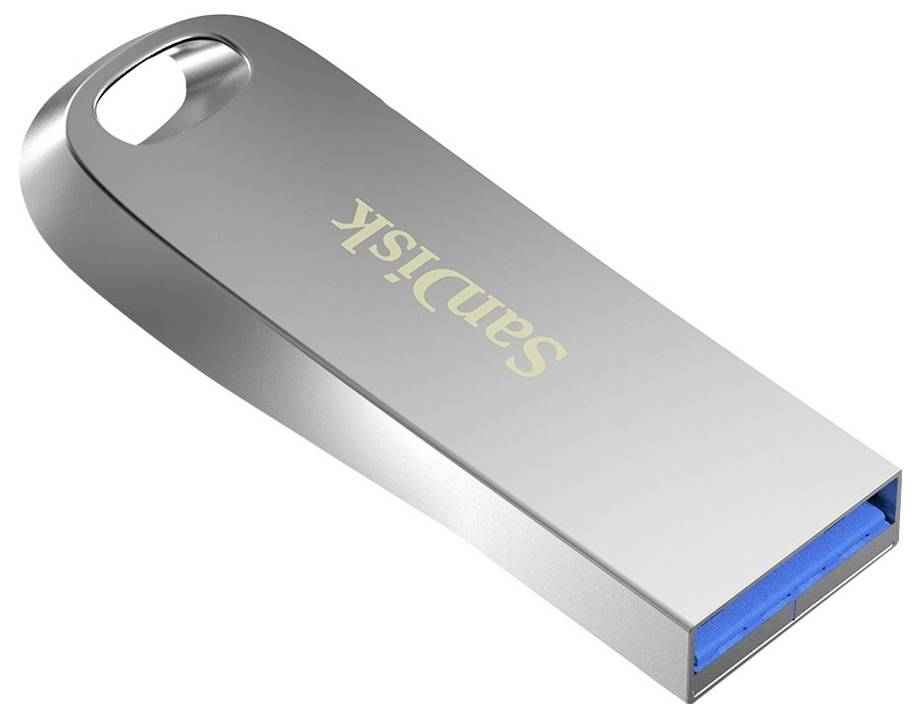 Een zilveren USB-stick van Sandisk met een blauwe USB-aansluiting.