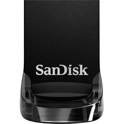 USB-stick van SanDisk met zwart design en transparant kunststofdetail aan de onderkant, frontaal gefotografeerd.