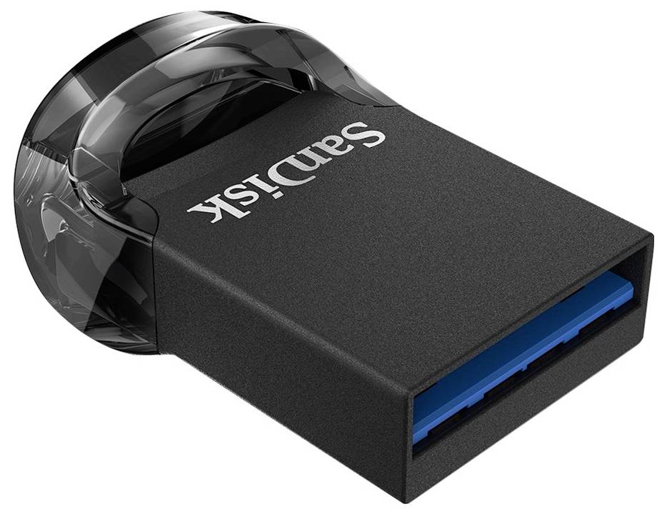 Een zwarte USB-stick van SanDisk met blauwe aansluiting, compact en handzaam, geschikt voor gegevensopslag en -overdracht.
