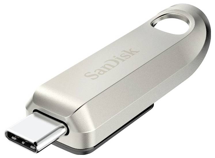 Een zilveren USB-C-stick van SanDisk, slank ontwerp met geïntegreerde lus, geschikt voor gegevensopslag en snelle gegevensoverdracht.