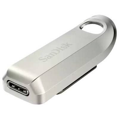 Een zilveren USB-stick met de merknaam 'SanDisk'. Hij heeft een ring aan het uiteinde en een USB-C aansluiting aan de voorkant.