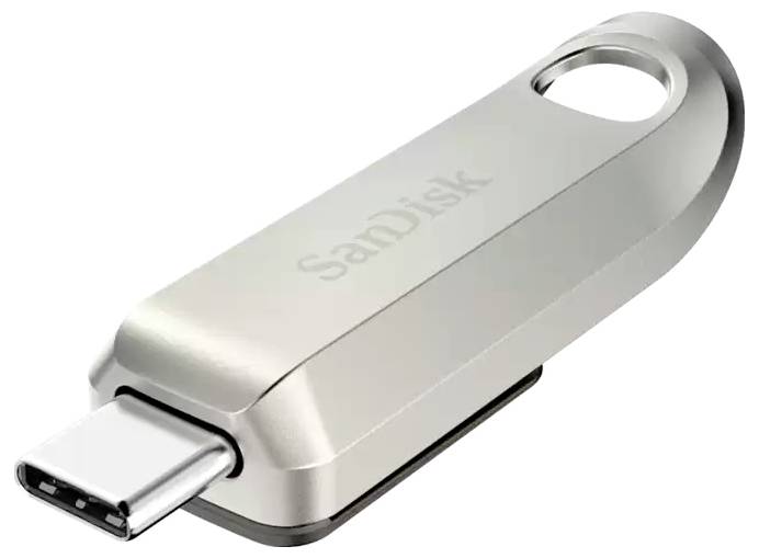 Een zilveren USB-stick met USB-C-aansluiting van SanDisk, geschikt voor gegevensopslag en -overdracht.