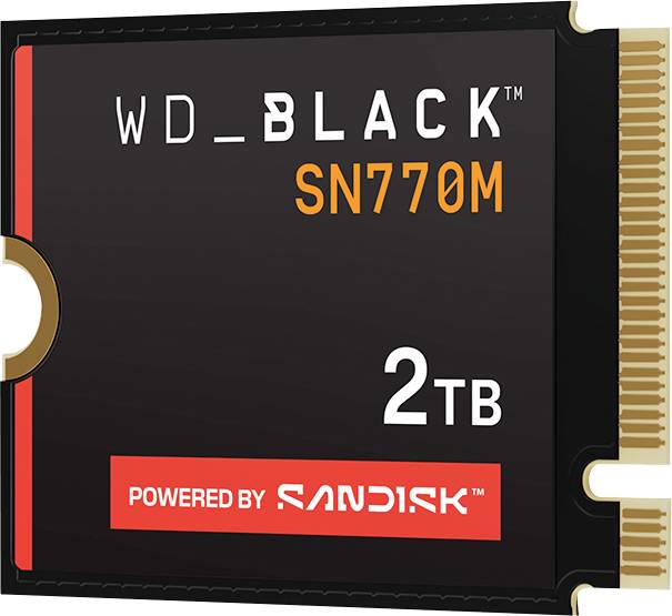 'WD_BLACK SN770M 2TB' opslagkaart aangedreven door SanDisk, met een PCIe-aansluiting aan de rechterkant.