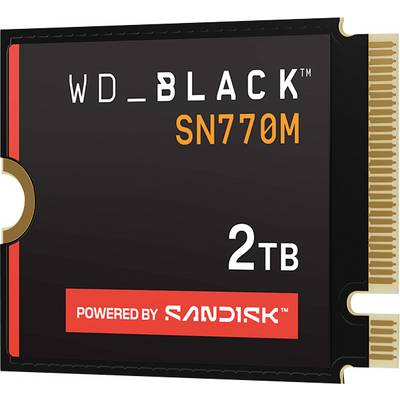 'WD_BLACK SN770M 2TB' opslagkaart aangedreven door SanDisk, met een PCIe-aansluiting aan de rechterkant.
