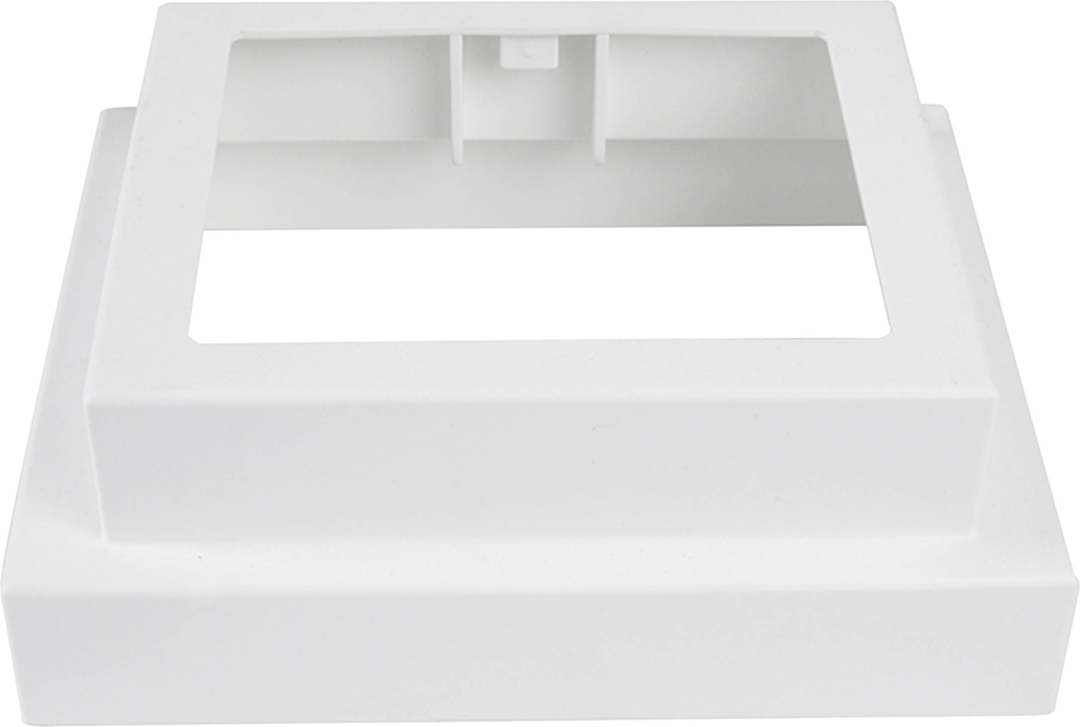 Een witte, rechthoekige montageframe voor inbouwinstallaties met een grote vierkante opening in het midden.