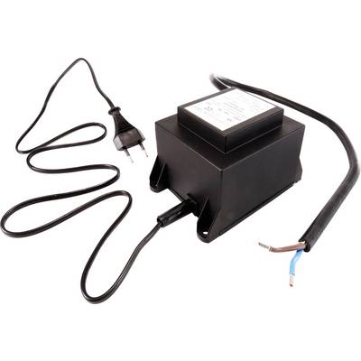 Zwarte transformator met netstekker en open kabeluiteinden voor installatie. Geschikt voor elektrische apparaten.