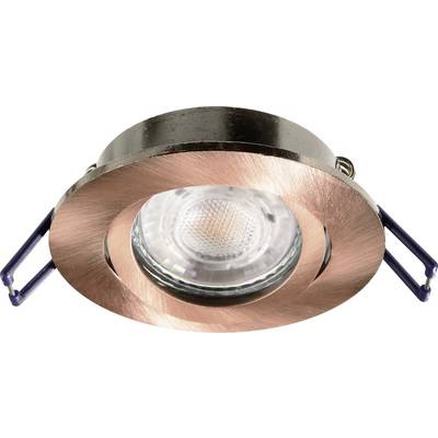 Inbouwlamp met koperkleurige lijst en heldere gloeilamp, geschikt voor moderne binnenverlichting.