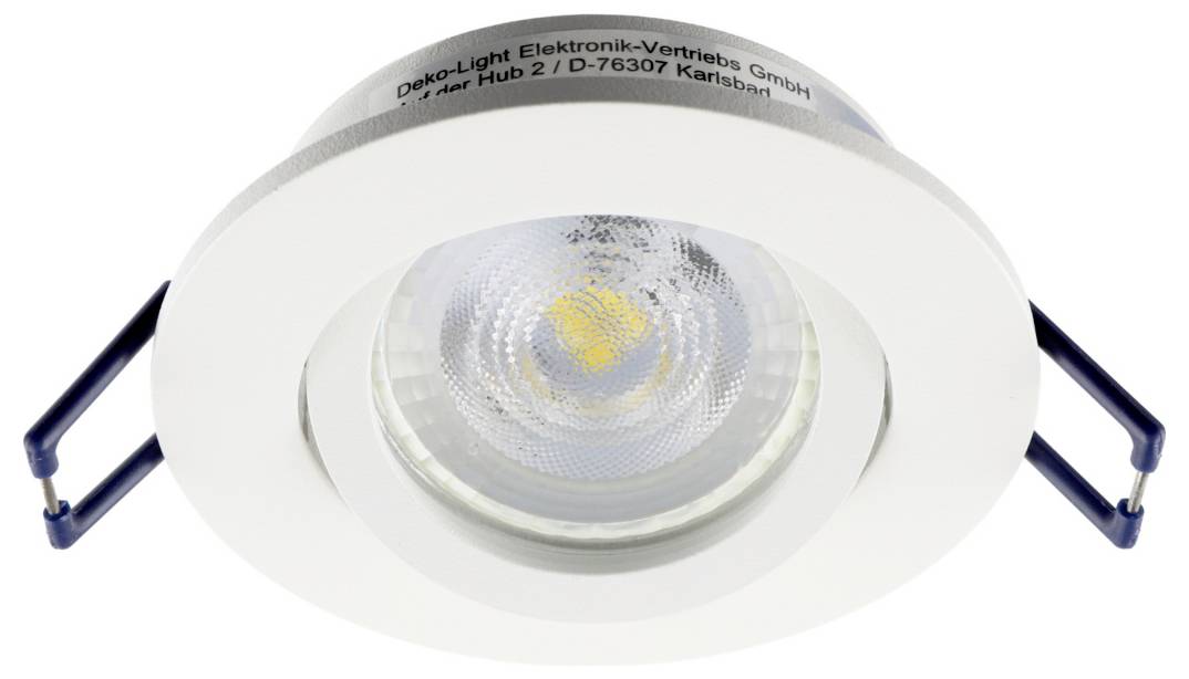 Ronde inbouw-LED-downlight met witte afwerking en zijdelingse veerklemmen, van onderaf getoond tegen een witte achtergrond.
