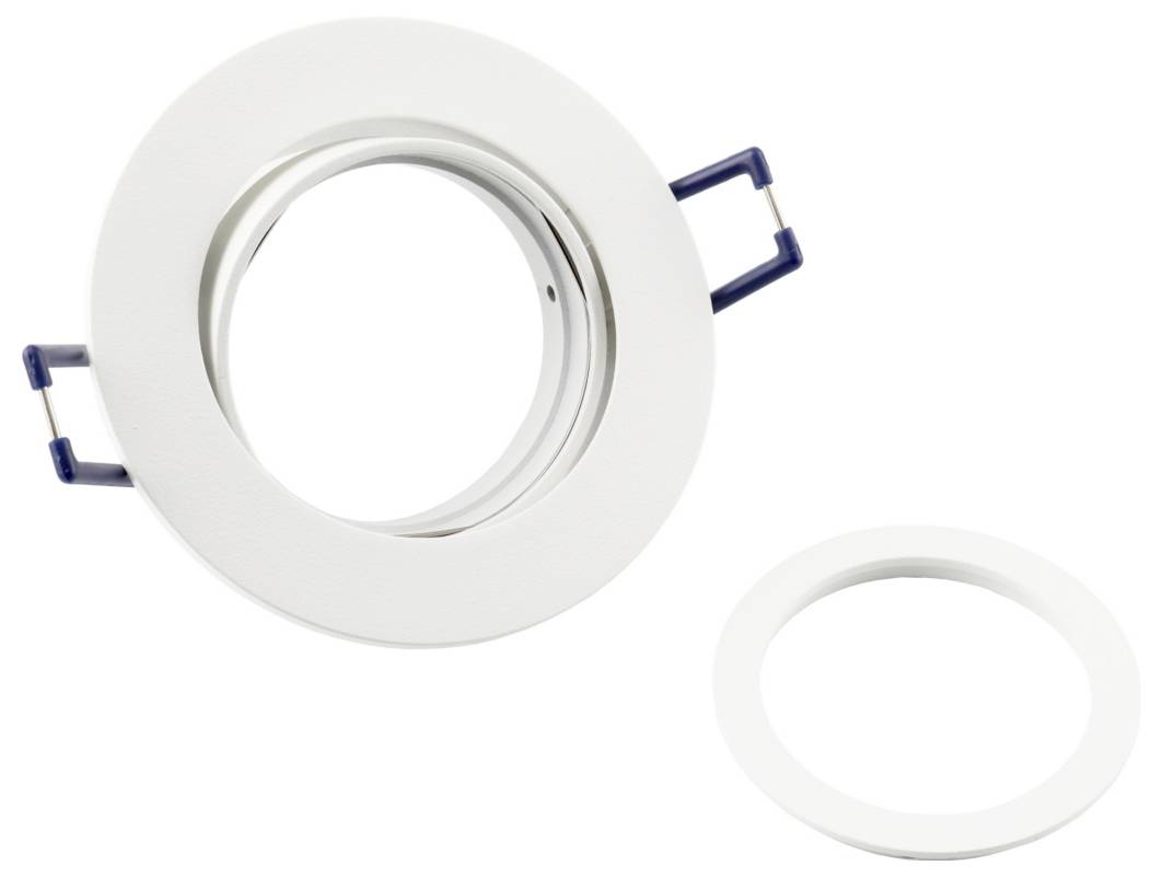 Witte inbouwplafondlamp-afwerkingsring met veerclips, getoond naast een losse ronde ring op een witte achtergrond.