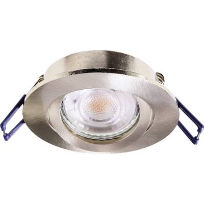 Een ronde LED-inbouwspot in metaaloptiek met twee blauwe bevestigingsklemmen. Geschikt voor plafondmontage in moderne interieurs.
