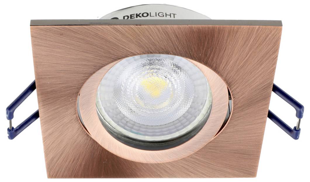 Koperkleurige vierkante LED-inbouwspot met centrale lens en blauwe montageclips, frontaal weergegeven op een witte achtergrond.