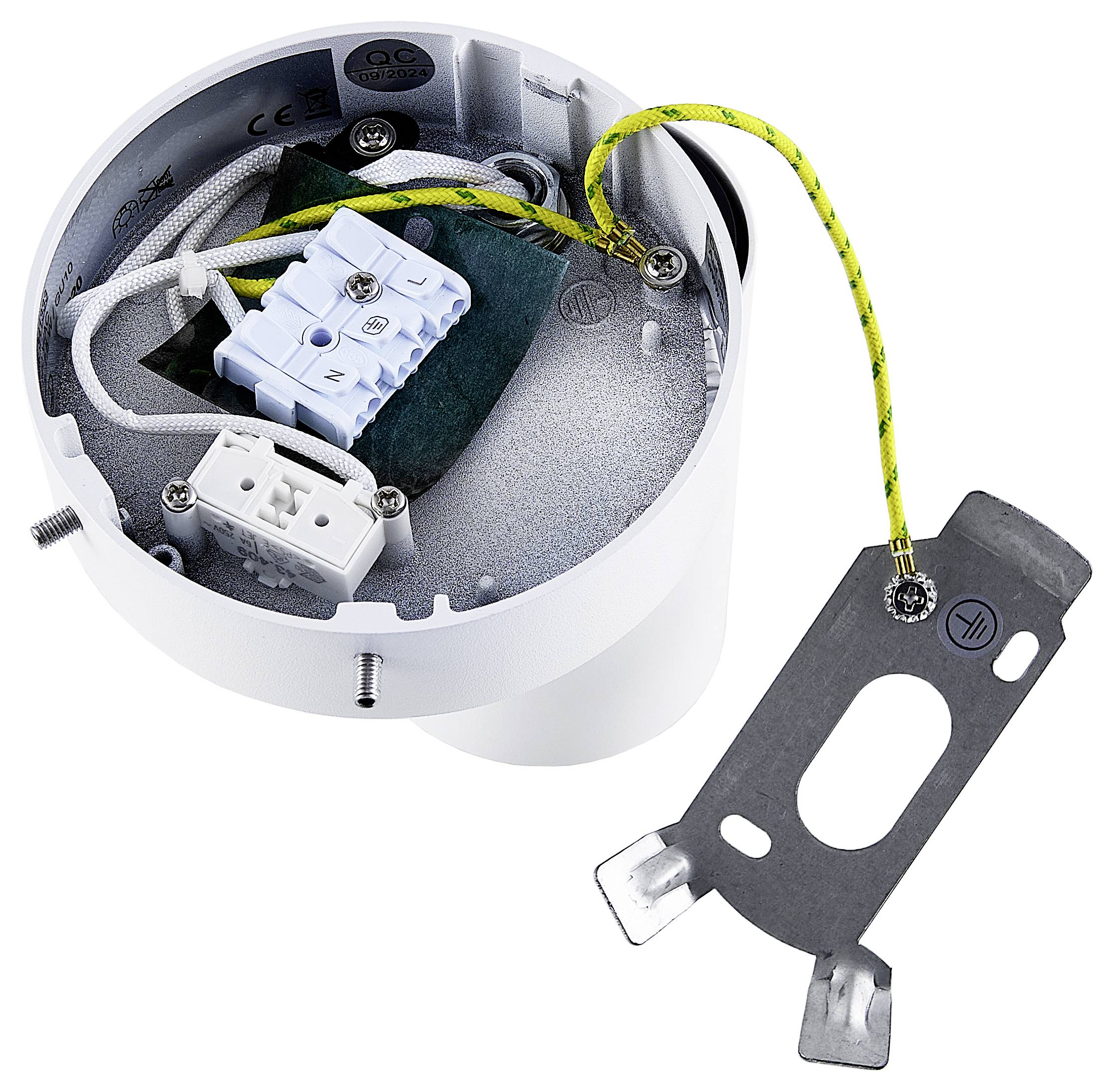 Binnenaanzicht van een plafondlampfitting met zichtbare bedrading en aansluitklemmen, klaar voor montage aan het plafond.
