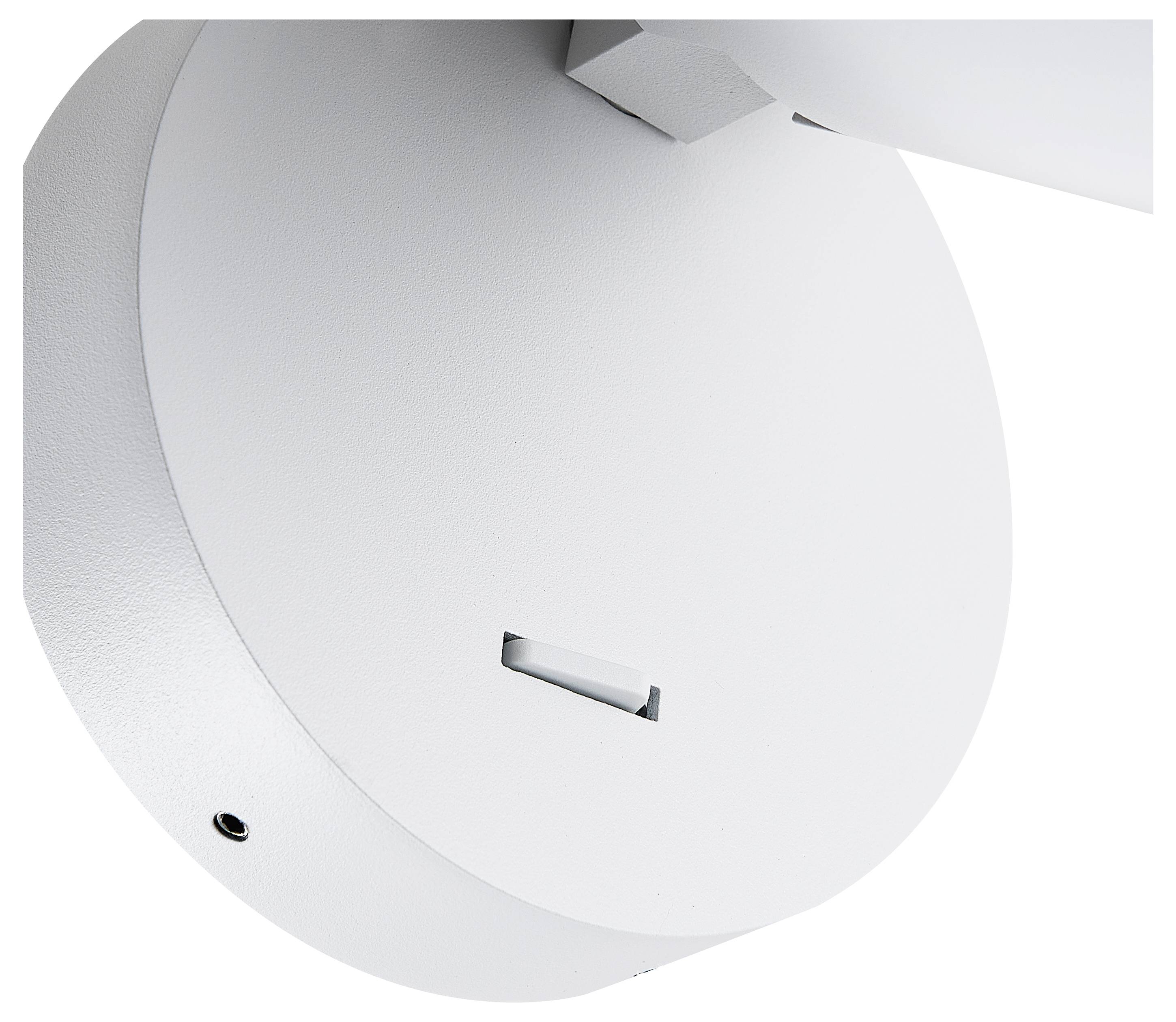 Witte, ronde plafondlamp met een kleine, rechthoekige lichtgleuf. Minimalistisch ontwerp met een gladde oppervlakte.