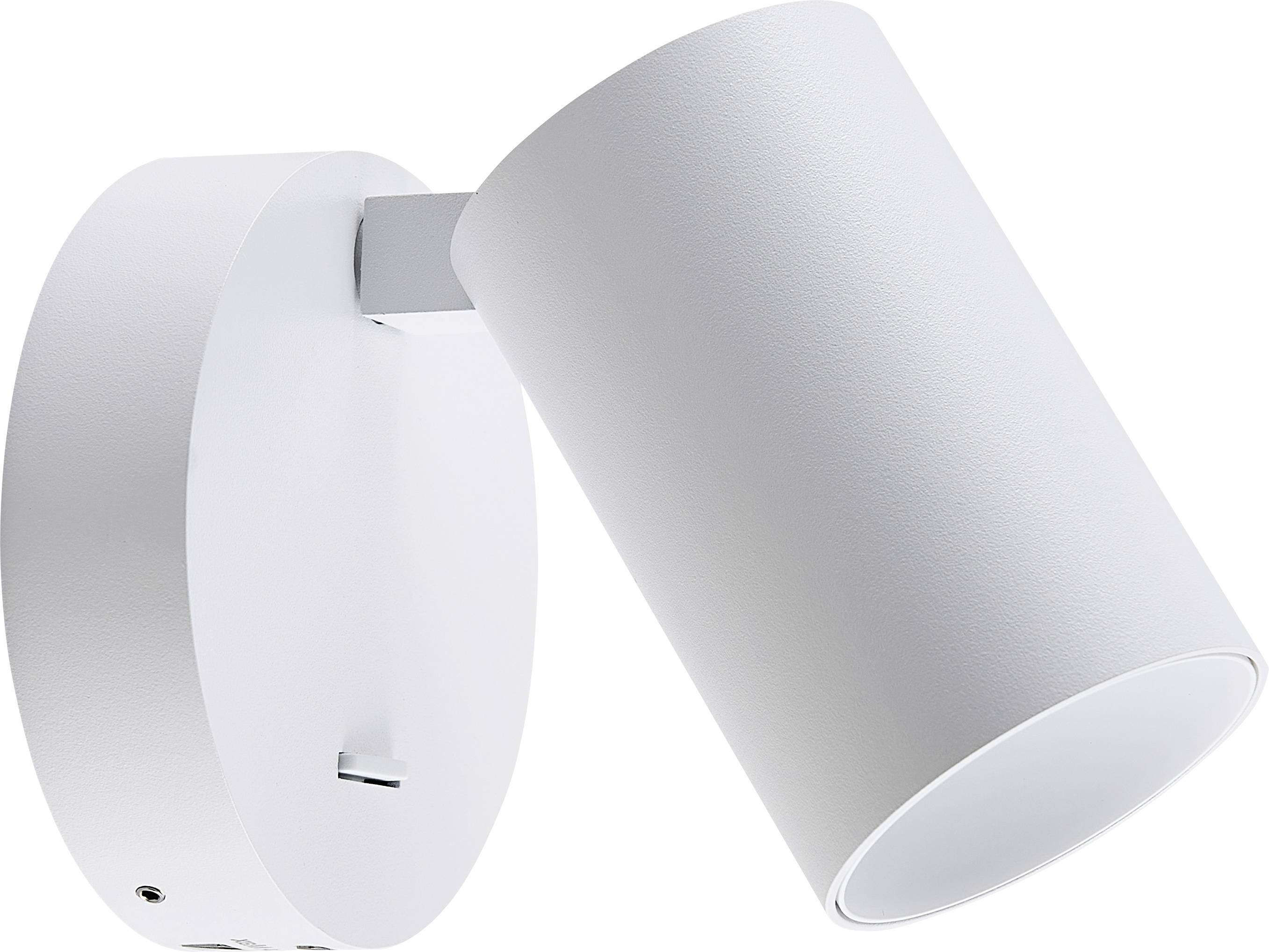 Witte, cilindrische wandlamp met verstelbare spot; modern design.