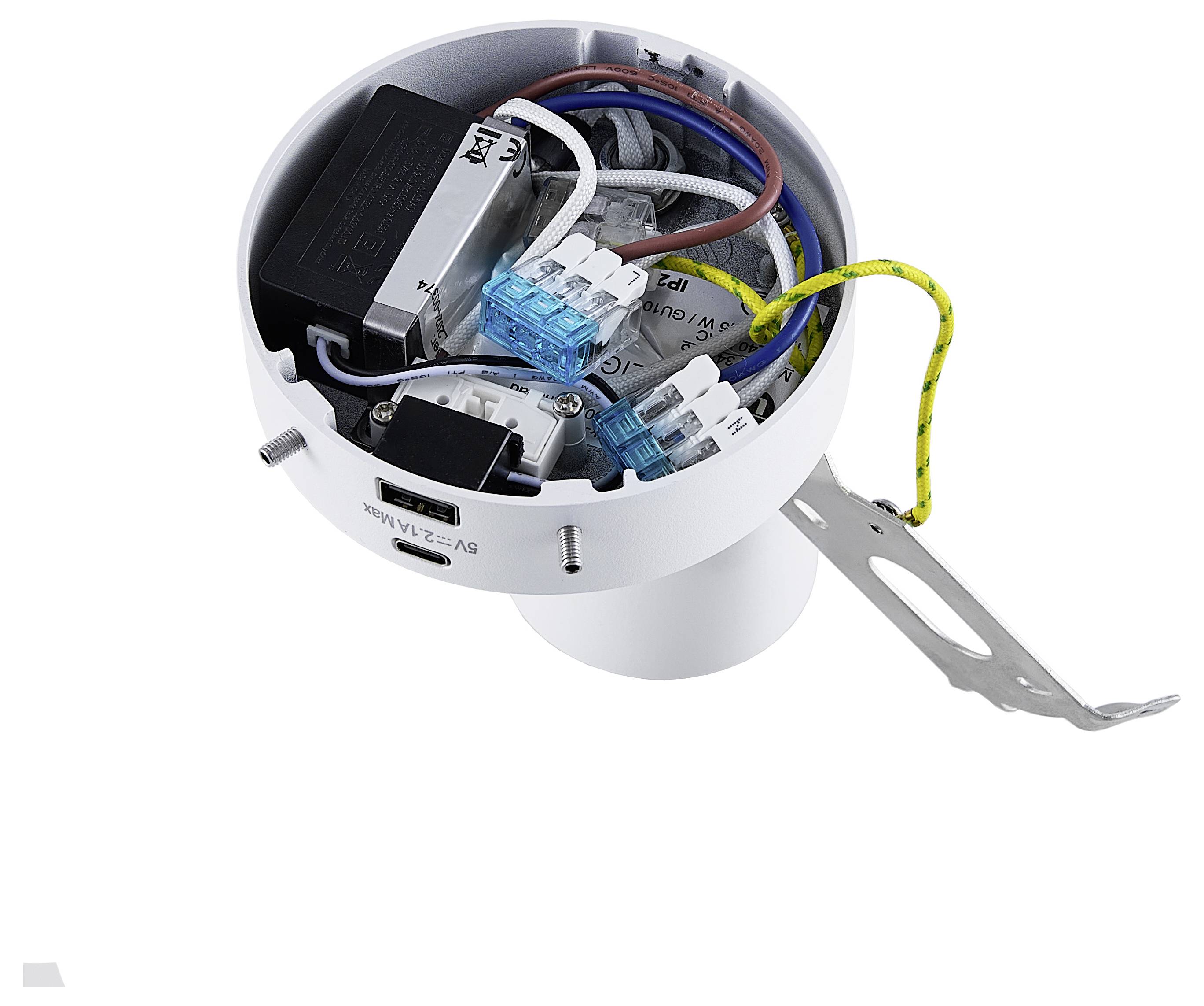 Ronde aansluitdoos met zichtbare bekabeling en elektrische componenten, geschikt voor plafond- of wandmontage.