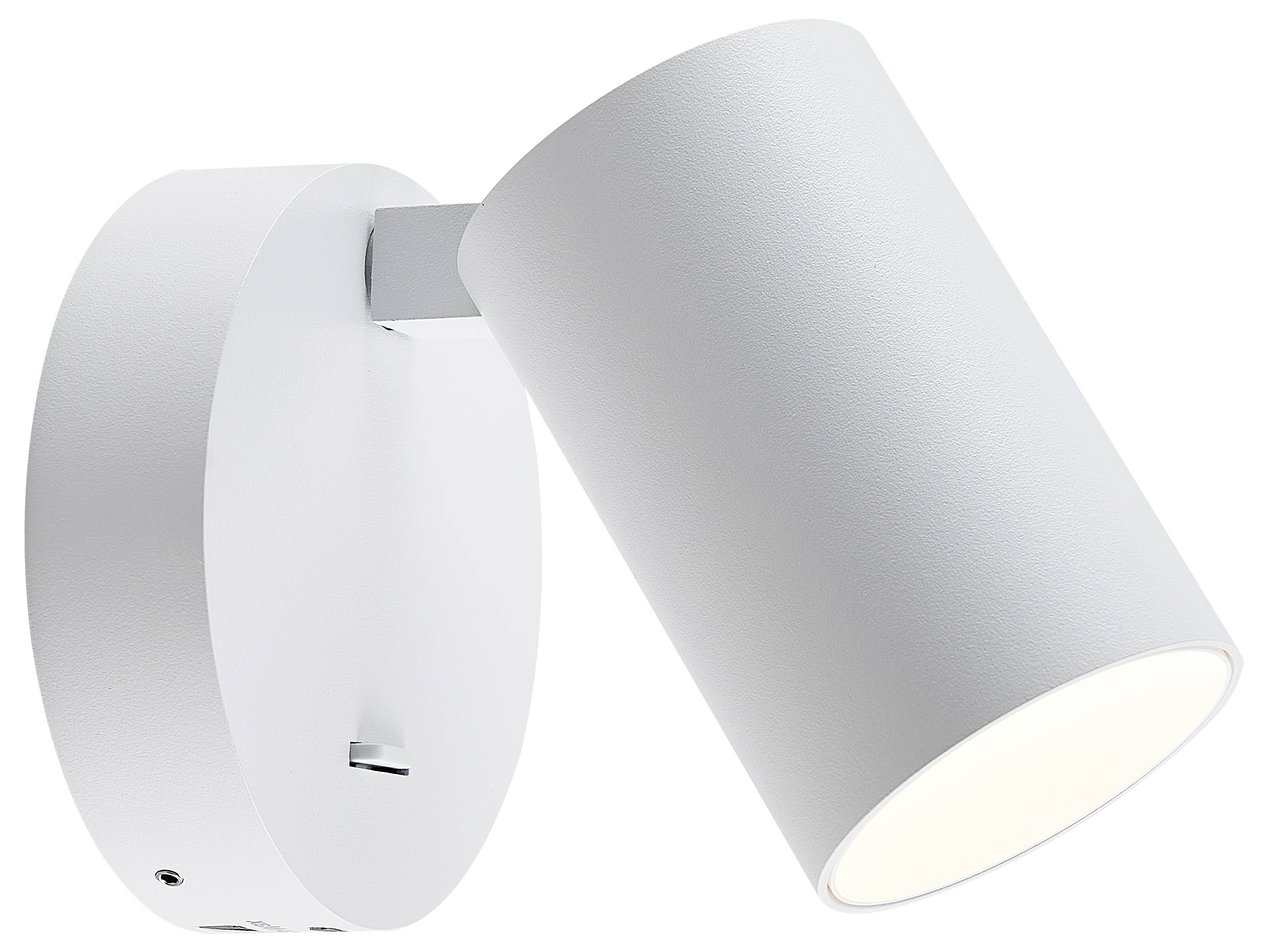 Witte, moderne wandlamp met cilindrische kop die opzij helt, gemonteerd op een ronde voet.