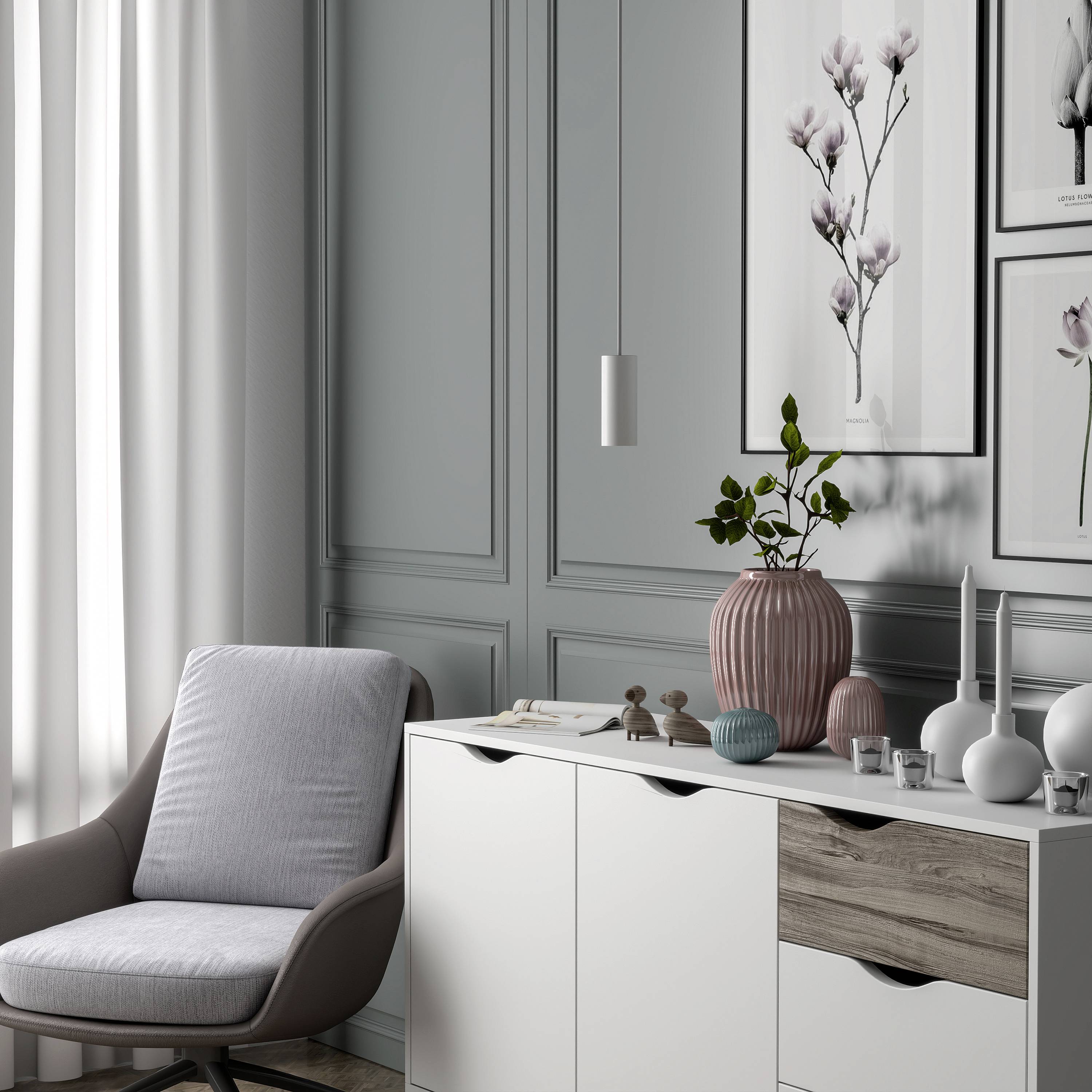 Modern woonkamer met grijze muur, wit dressoir, roze vaas en decoratieve schilderijen. Een grijze fauteuil staat links in het beeld.