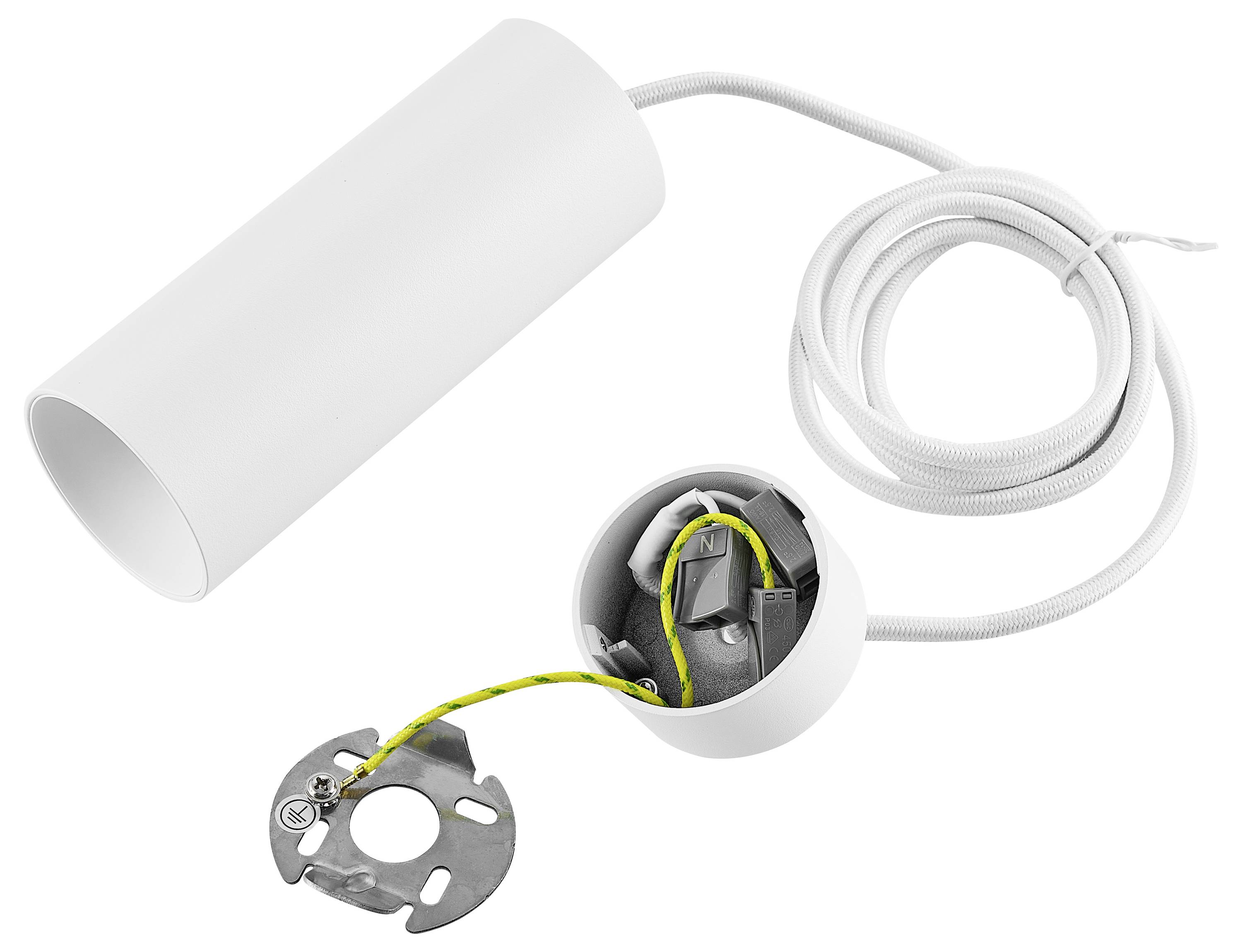 Een wit, cilindrisch elektrisch onderdeel met kabel en metalen schijf, vermoedelijk een onderdeel van een lamp of elektrisch apparaat.