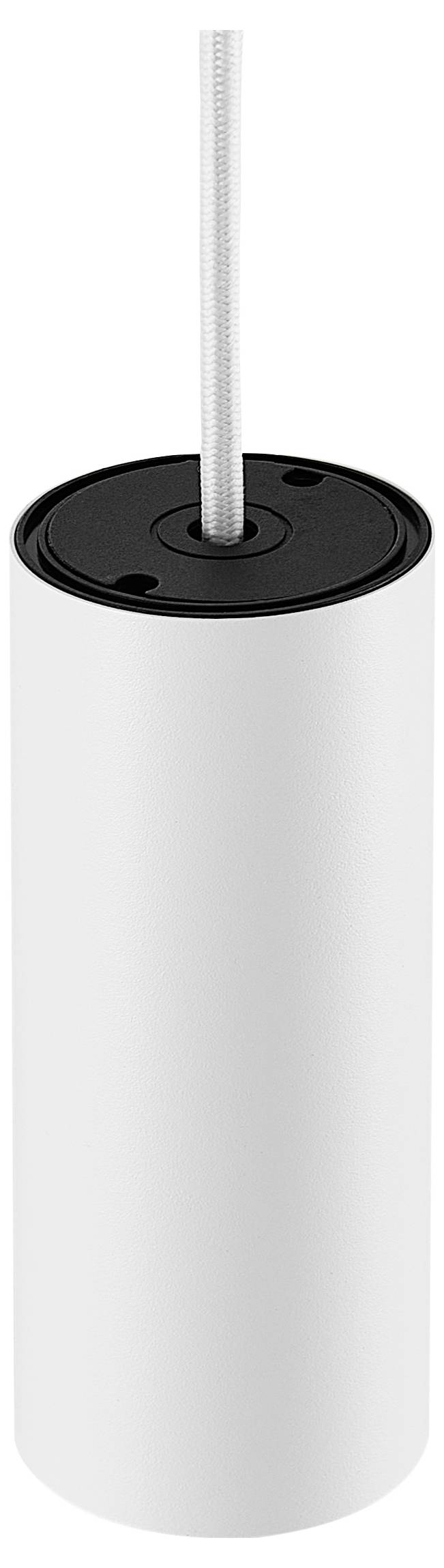 Cilindrische, witte plafondlamp met zwarte bovenkant en kabel. Elegant, modern design, perfect voor minimalistische ruimtes.