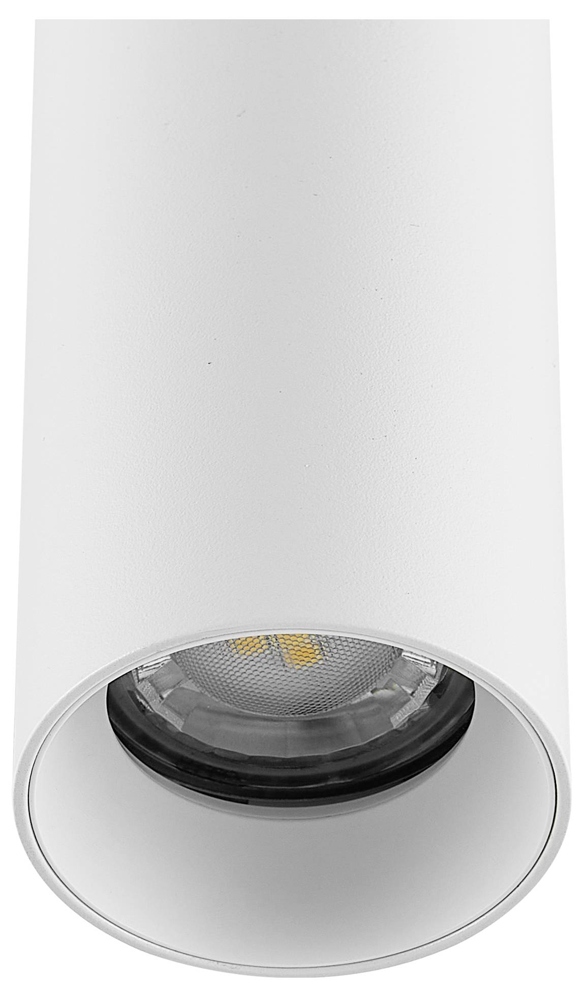 Witte cilindrische plafondlamp met zichtbare gloeilamp, geschikt voor moderne interieurs.