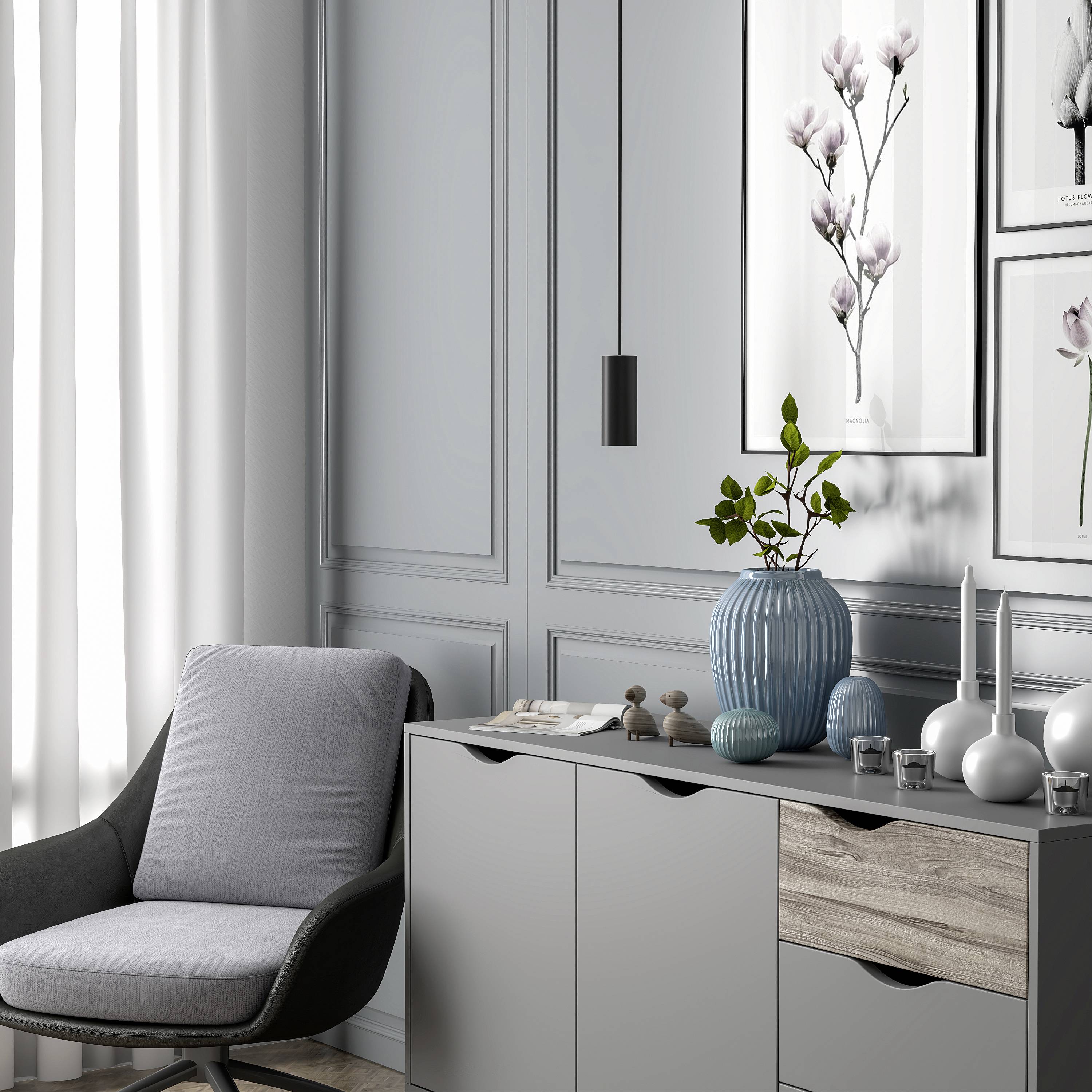 Een modern woonkamer met een grijze fauteuil, blauwe muren, gedecoreerd met bloemenschilderijen en vazen op een dressoir.