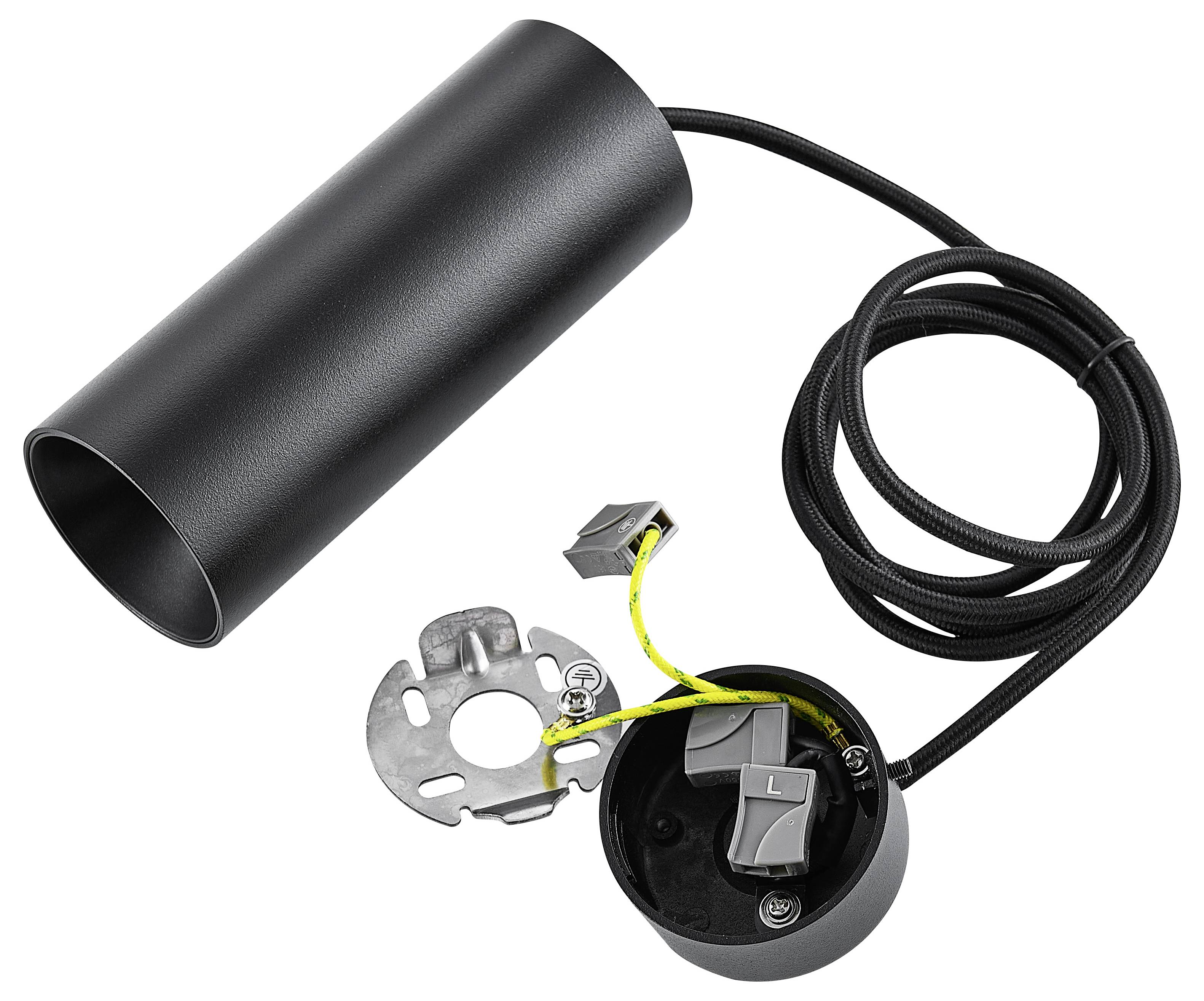 Zwart cilindrisch behuizing met kabels en metalen onderdelen. Een metalen ring en een klein zwart module met draden zijn zichtbaar.