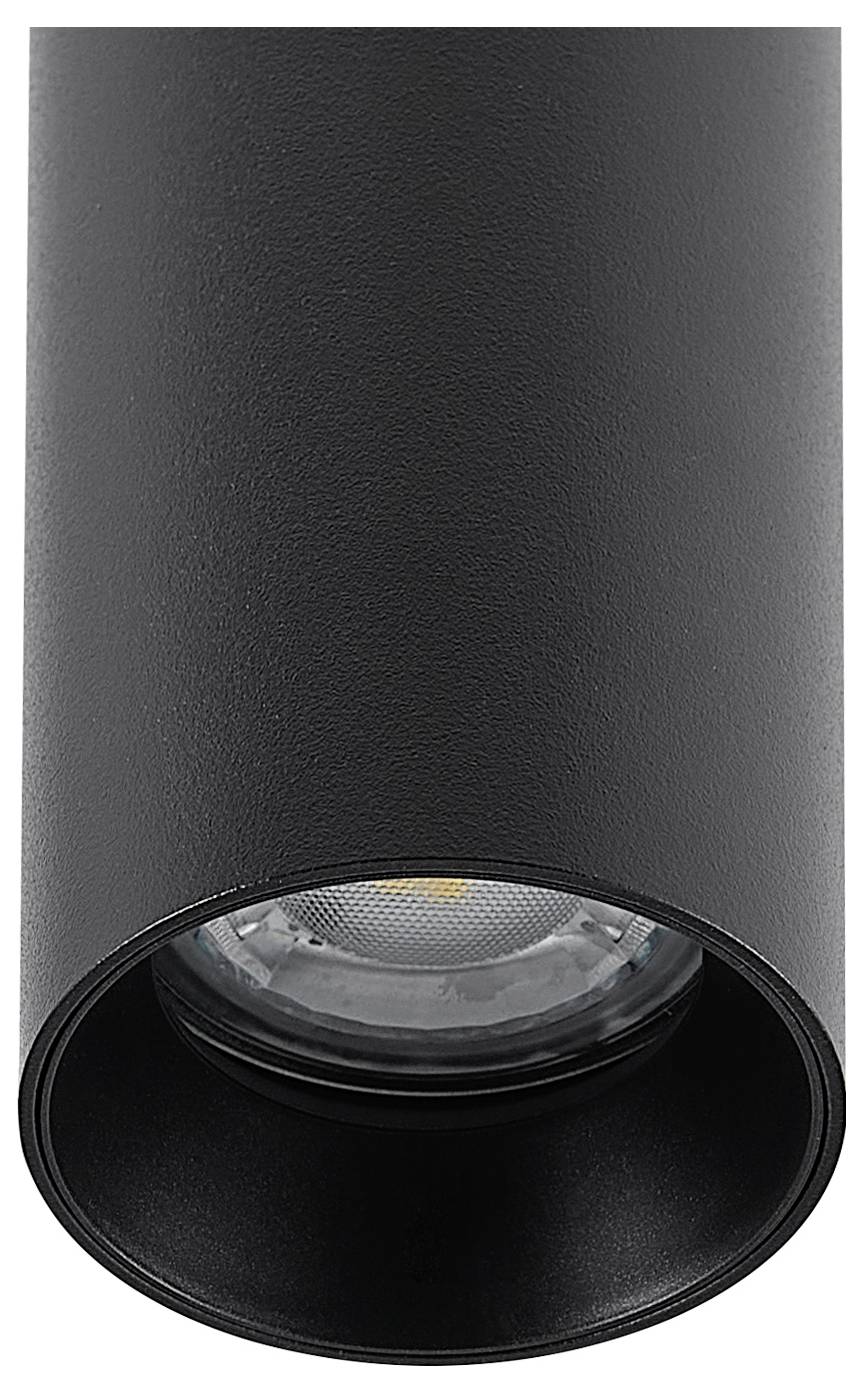 Een zwarte, cilindrische plafondlamp met een duidelijk zichtbaar gloei-element in het centrum, geschikt voor moderne interieurs.