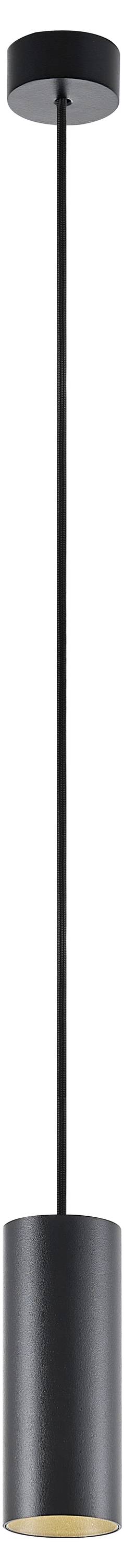 Zwarte hanglamp met cilindrische lampenkap, een eenvoudig en modern ontwerp. Hangende verlichting geschikt voor woonruimtes.