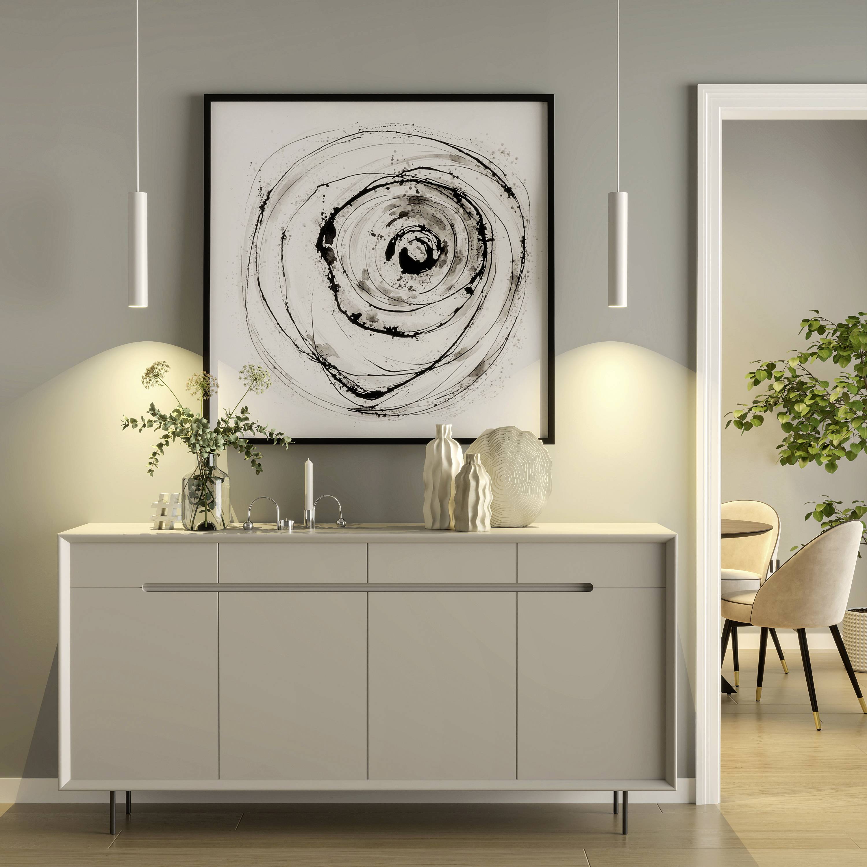 Een stijlvol ingericht woonkamer met een dressoir waarop decoratieve voorwerpen staan. Daarboven hangt een abstract kunstwerk.