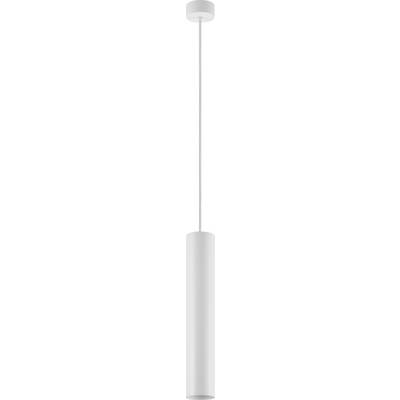 Witte plafondlamp in cilinervorm, verbonden met een smal stuk. Minimalistisch ontwerp, geschikt voor moderne interieurs.