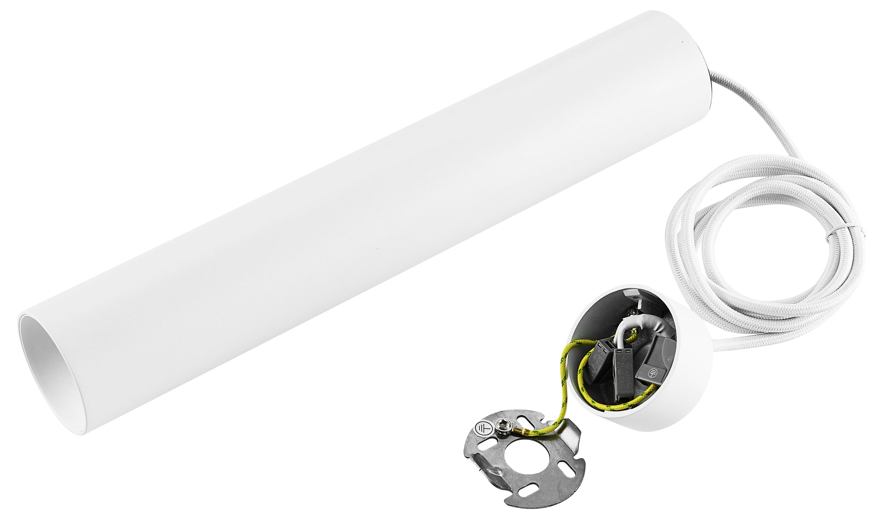 Een witte cilindrische elektromotor met een aangesloten kabel, open getoond met zichtbare elektrische componenten op een witte achtergrond.