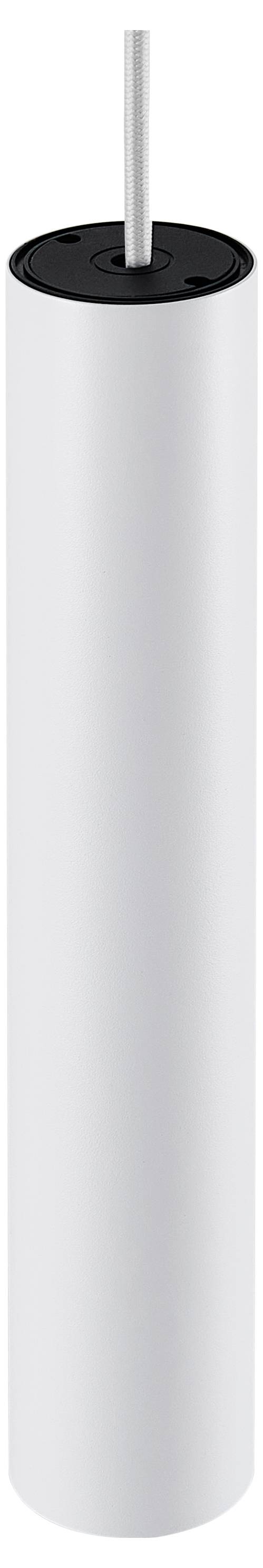 Witte cilindrische hanglamp met zwarte kap en snoer.