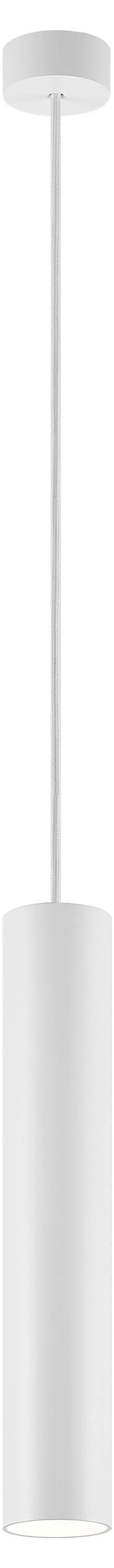 Witte, cilindrische hanglamp met een lang snoer, geschikt voor moderne interieurs.