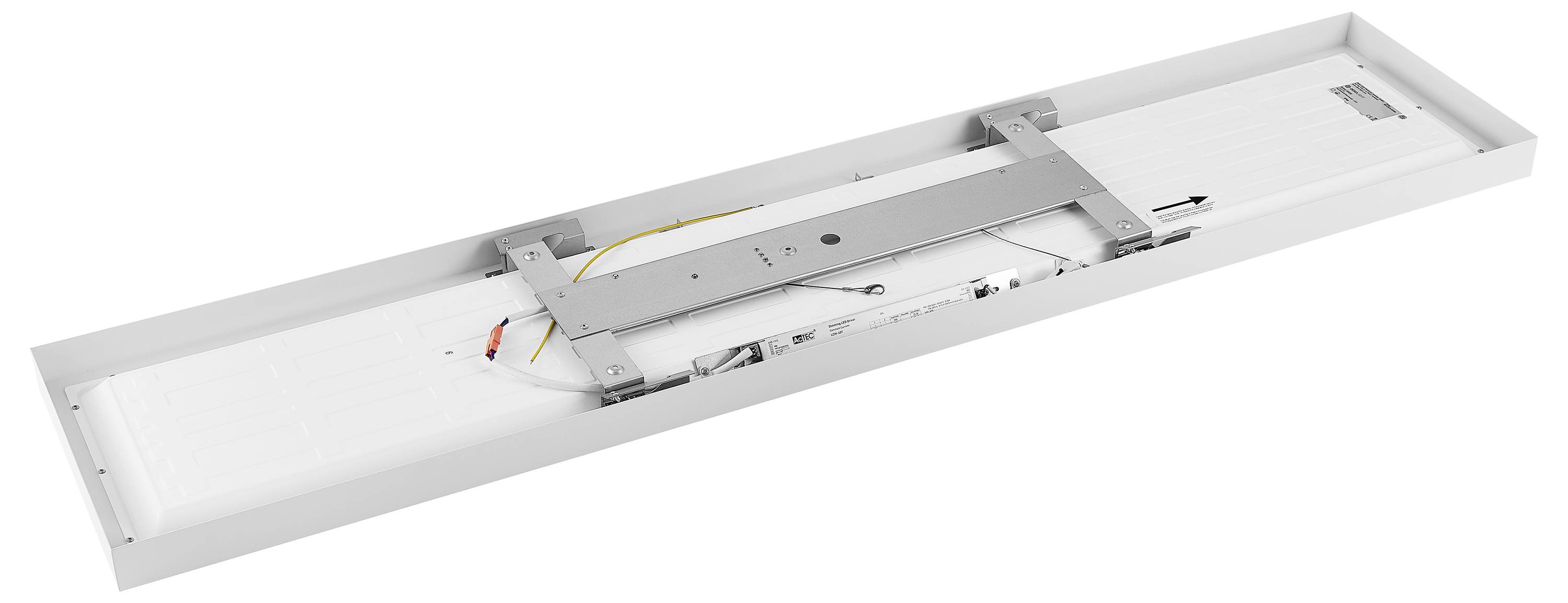 Rechthoekige LED-paneel met metalen frame, zichtbaar kabelmanagement en montagebeugels aan de achterzijde.