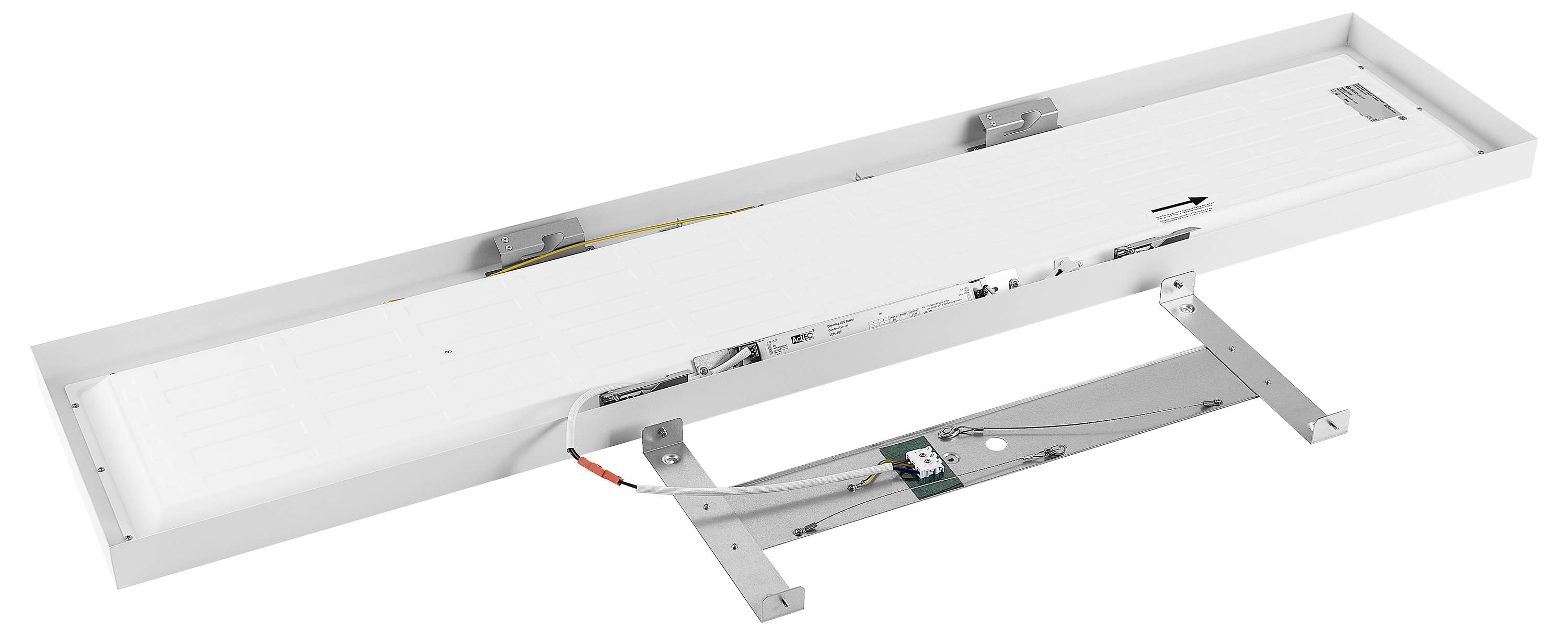 LED-lichtpaneel met rechthoekig, wit frame, gemonteerd op een witte, metalen steun.