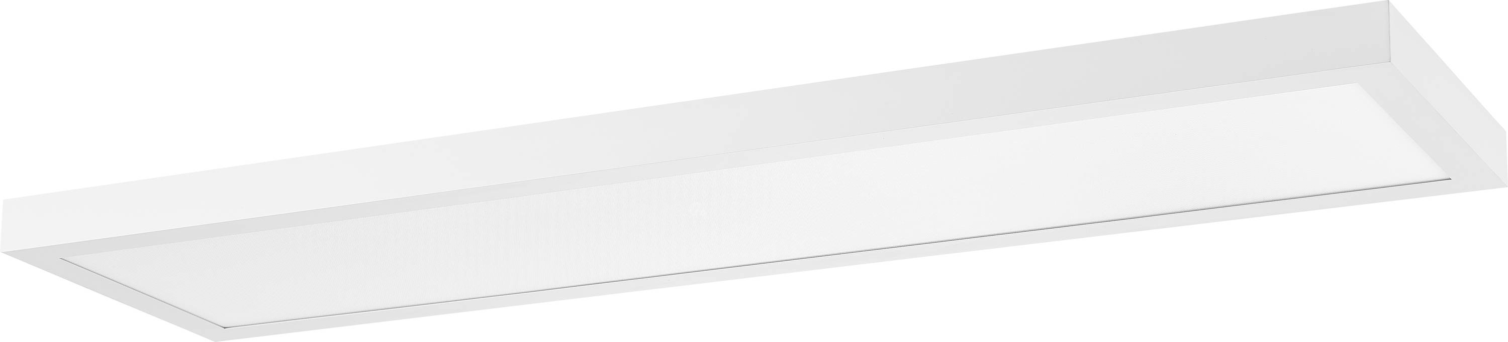 Een rechthoekige, witte led-plafondlamp met een strak design. Hij is dun en geschikt voor gelijkmatige ruimteverlichting.