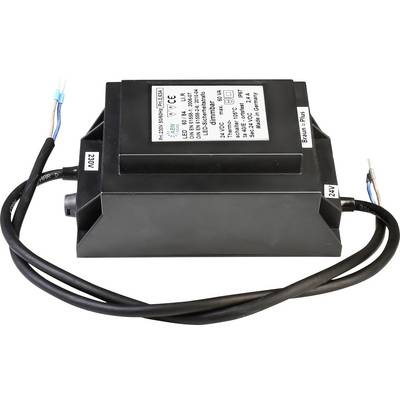 Zwart elektrisch apparaat met kabels, etiket toont technische specificaties zoals voltage en stroomsterkte.
