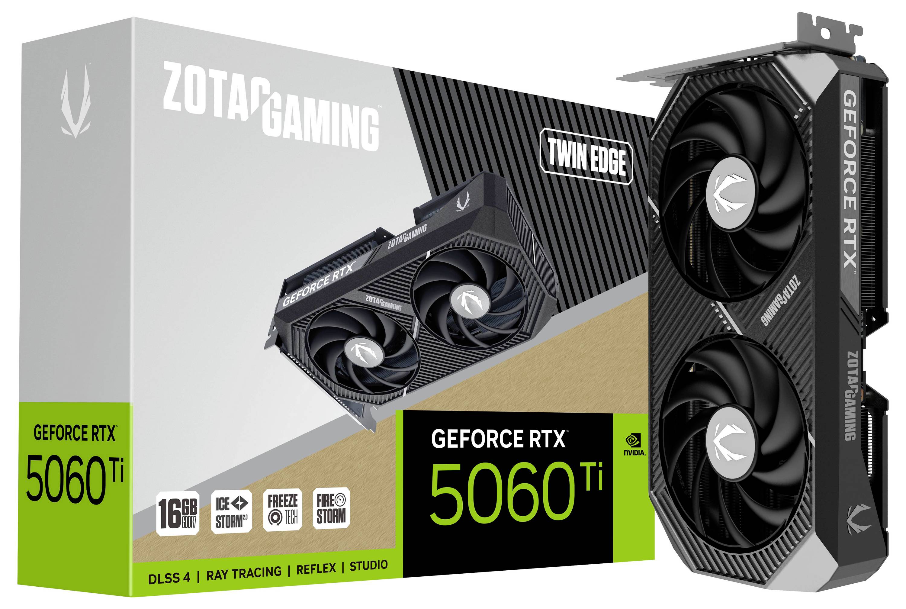 Een grafische kaart van het merk ZOTAC Gaming, model GeForce RTX 5060 Ti, met 16 GB en functies zoals DLSS 4, Ray Tracing en meer.