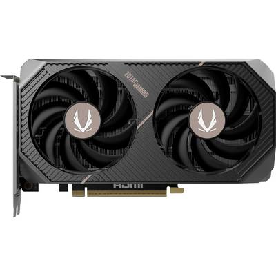 Een gaming-videokaart met twee ventilatoren en de tekst 'ZOTAC GAMING' op de voorkant. De kaart is ontworpen voor installatie in een pc.