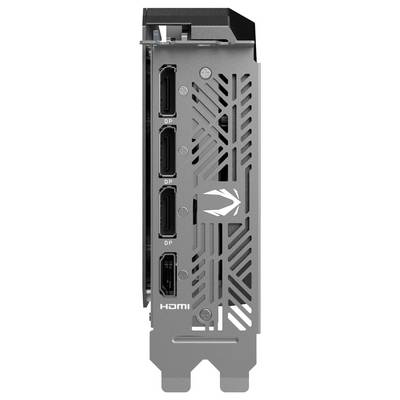 Achterkant van een videokaart met aansluitingen: 3 DisplayPort, 1 HDMI. Ventilatiesleuven en bedrijfslogo zichtbaar.