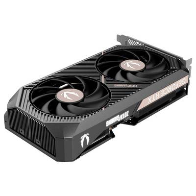 Een zwarte videokaart met twee ventilatoren, zijdelingse opdruk 'GEFORCE RTX' en een gestileerd vogellogo op de ventilatoren.