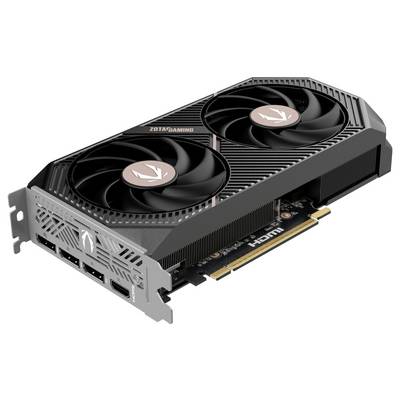 Zwarte videokaart met twee ventilatoren en meerdere aansluitopties aan de achterkant, geschikt voor gamingcomputers.