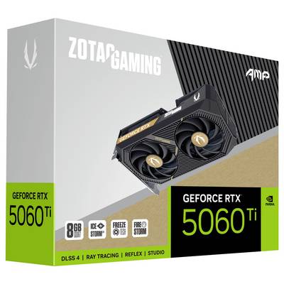 Verpakking van een ZOTAC GAMING GeForce RTX 5060 Ti Videokaart, 8 GB GDDR6 geheugen. Toont afbeelding van de kaart en relevante specificaties.