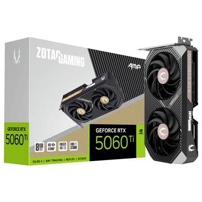 Videokaart 'Zotac Gaming GeForce RTX 5060 Ti' naast verpakking. Kenmerken: 8 GB geheugen, DLSS 4, Ray Tracing, Freeze en Storm functies.