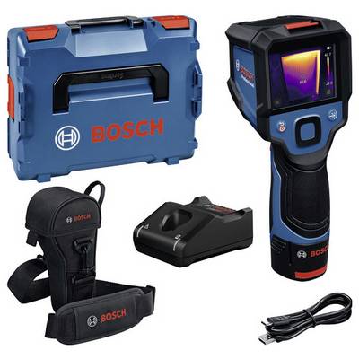 De afbeelding toont een Bosch warmtebeeldcamera-set, bestaande uit camera, transportkoffer, oplader, tas en kabel.