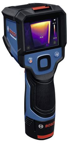 Een handthermometer van Bosch toont een warmtebeeldweergave op een scherm. Het apparaat heeft een blauw-zwart design.