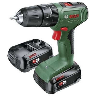 Accuschroefmachine van Bosch met twee verwisselbare accu's. Gereedschap is groen met rode accenten en geschikt voor doe-het-zelfprojecten.